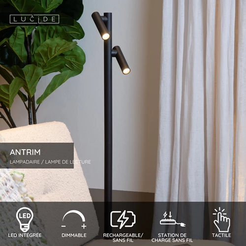 Lucide ANTRIM - Lampadaire / lampe de lecture Rechargeable Intérieur/Extérieur - Batterie/Piles - LED Dim. - 2x2,2W 2700K - IP54 - Avec station de charge sans fil - Noir - USP
